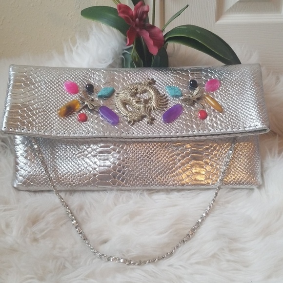 Silver Metallic Snakeskin Stamped Large Party Bag